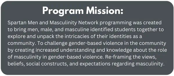 Program Mission: Spartan Men and Masculinity Network programming was created to bring men, male, and masculine identified students together to explore and unpack the intricacies of their identities as a community. To challenge gender-based violence in the community by creating increased understanding and knowledge about the role of masculinity in gender-based violence. Re-framing the views, beliefs, social constructs, and expectations regarding masculinity. 